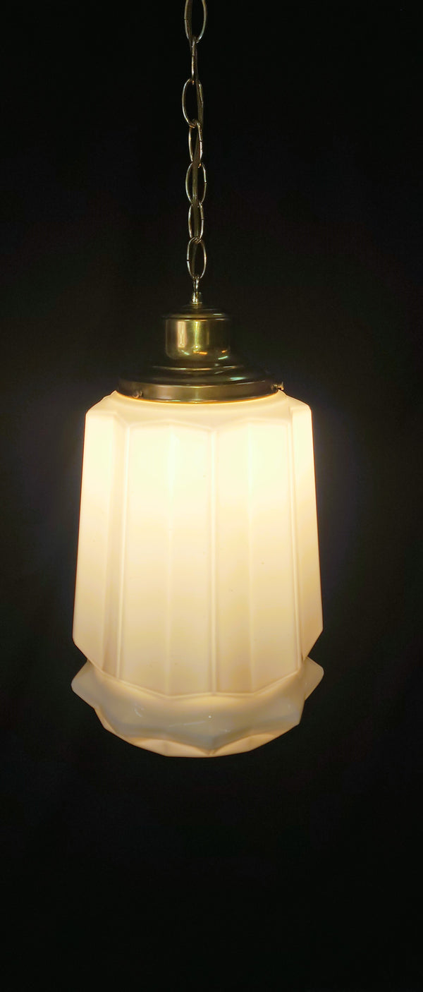 Restored Art Deco White Geometric Pendant Light Fixture GS01020