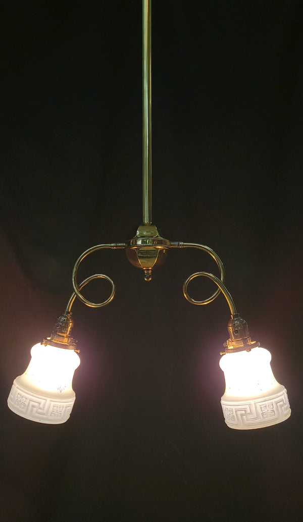 Restored Victorian 2 Light Brass Chandelier w/ Shades 19 1/2" x 45" GS00994