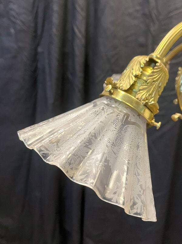 Ornate 4 Light Brass Chandelier with Pleated Etched Shades GA10208