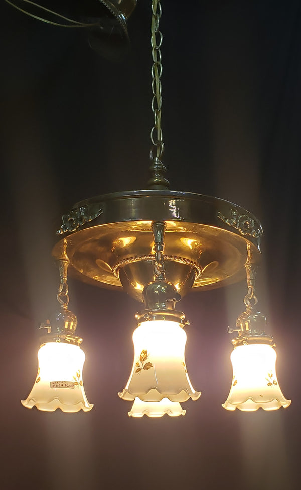 Restored Ornate Victorian 4 Light Brass Pan Chandelier GS01081