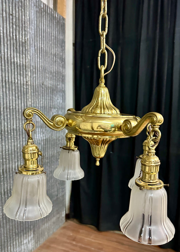 Restored Antique Brass Pan 4-Arm Chandelier GA21009