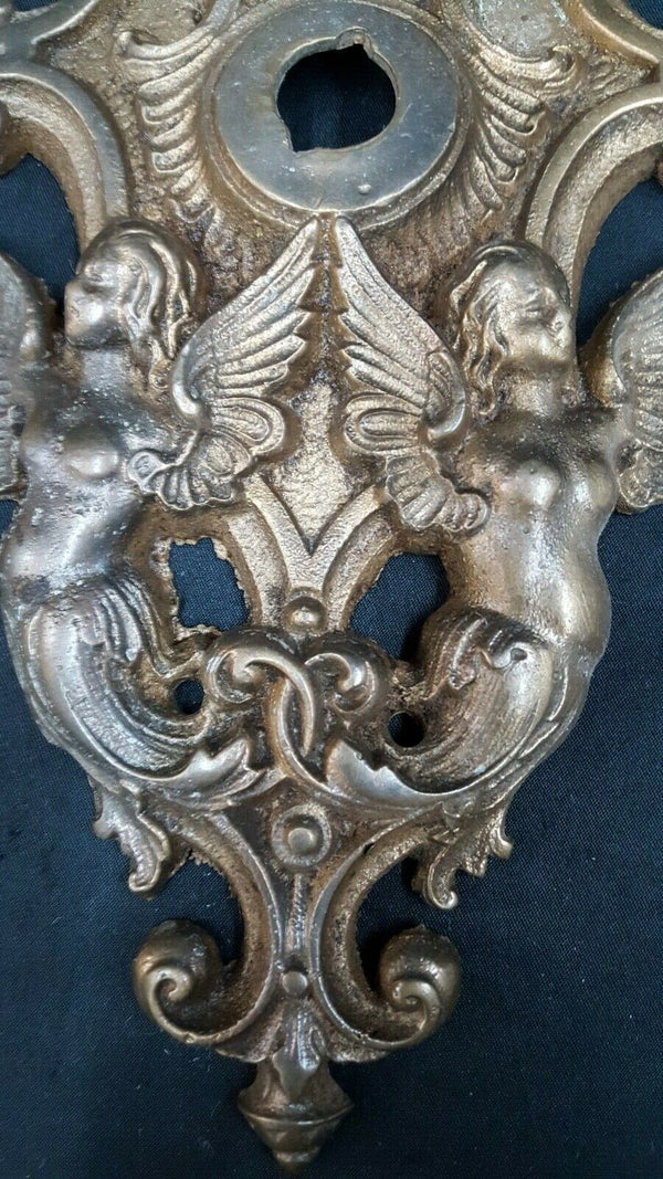 Large Art Nouveau Bronze Double Angel Door Knob Backplate 9 3/4" x 5 1/2 GS00735