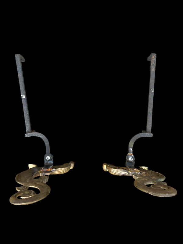 Restored Pair of Solid Brass Dolphin Fish Andirons GA20590