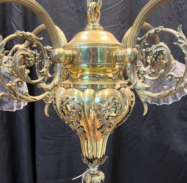 Ornate 4 Light Brass Chandelier with Pleated Etched Shades GA10208