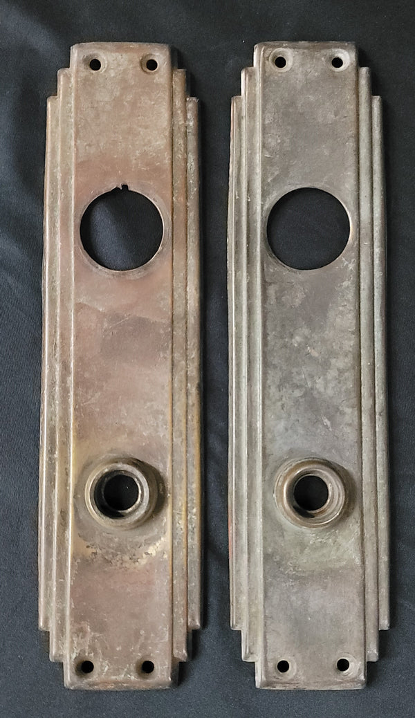 Pair of Brass Art Deco Backplates w/Deadbolt Hole 9 1/2" x 2 3/8" GS00876