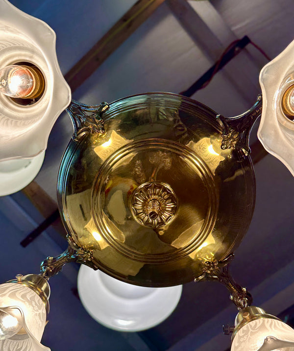 Restored Antique Brass Pan 4-Arm Chandelier GA21007