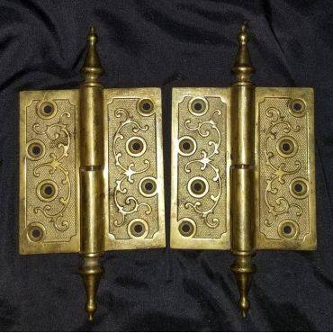 Restored Victorian Eastlake Solid Brass 4 1/2" x 4" Ornate Hinges GA276