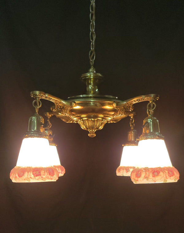 Restored Victorian 4 Light Brass Pan Chandelier w/ Shades 18" x 20" GS00993
