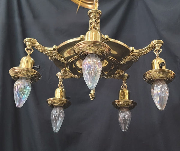 Restored 5 Light Brass Pan Chandelier w/ On/off Knobs 18" x 12" GS00969