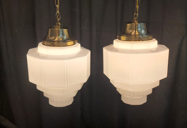 Restored Pair of Art Deco Glass Pendant Light Fixtures w/ Chain & Cap GS01008