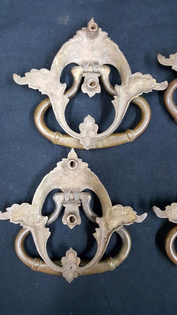 Architectural Salvage Ornate Scroll & Leaf Brass Drawer Pull Handles Set of 4