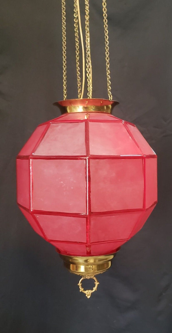 Red Frosted Octagon Hanging Oil Lamp Electrified with Brass Fitters GS00125
