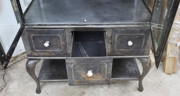 Antique Steel Medical Cabinet Beveled Glass 3 Drawers & Cabriole Legs GA9499