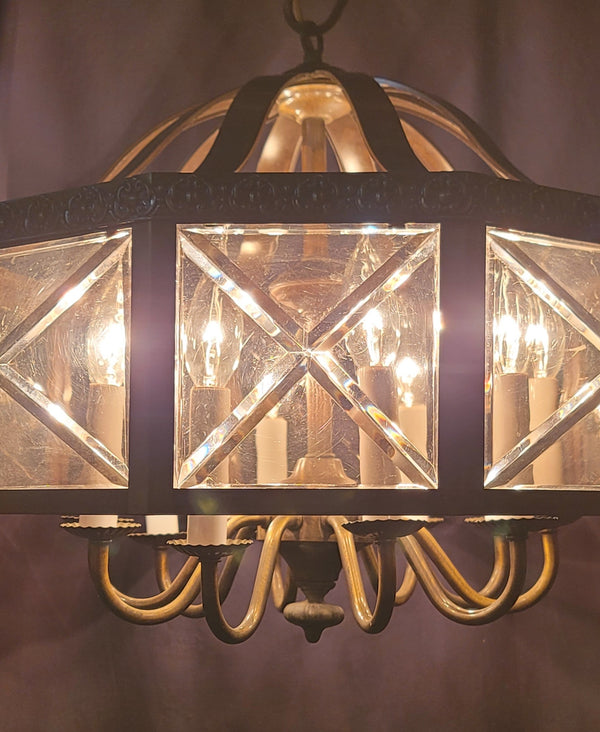 MCM Ten Light Chandelier w/ Faceted Beveled Glass Panels 20" x 17" GS00954