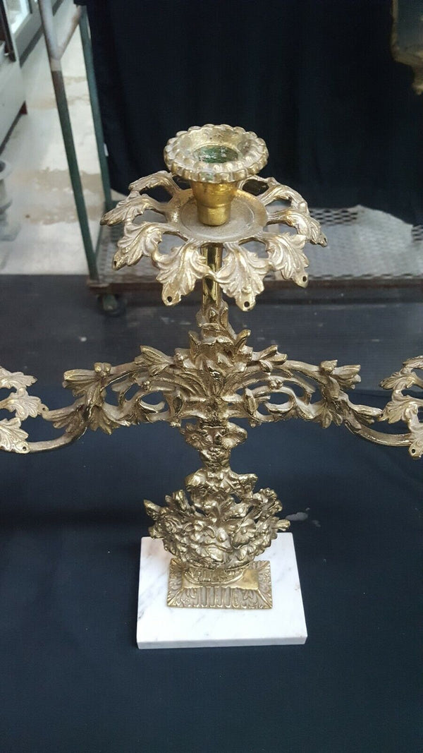 Antique Ornate Solid Brass Candelabra with Floral Bouquet Design on Marble Base