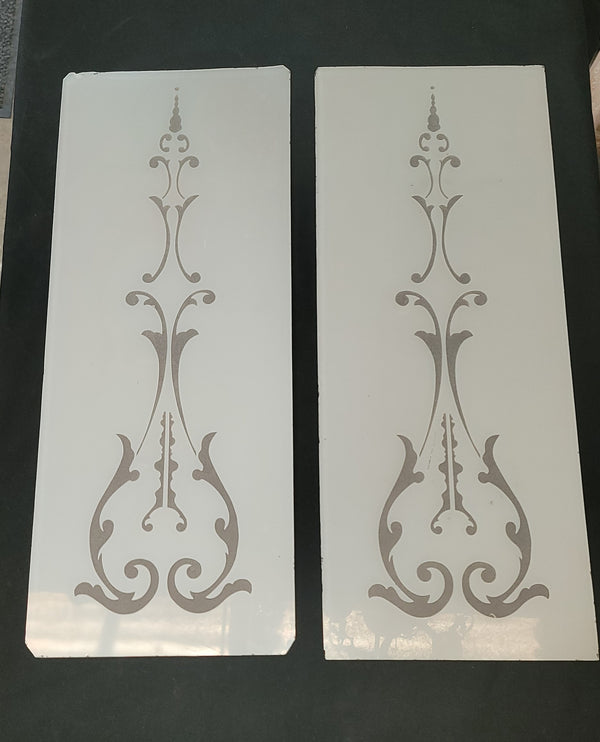 Pair of Victorian White Cased Etched Glass Panels 9 5/8" x 24" GS00785