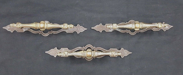 Architectural Salvage Wide Brass Drawer Pull Handles Ornate Back Plates Set of 3