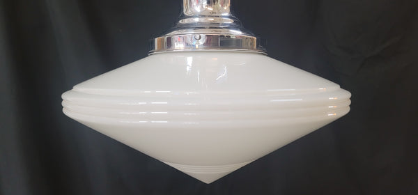 Restored Art Deco Pendant Light w/ Bullseye Point Shade & Chrome Trim GS01031