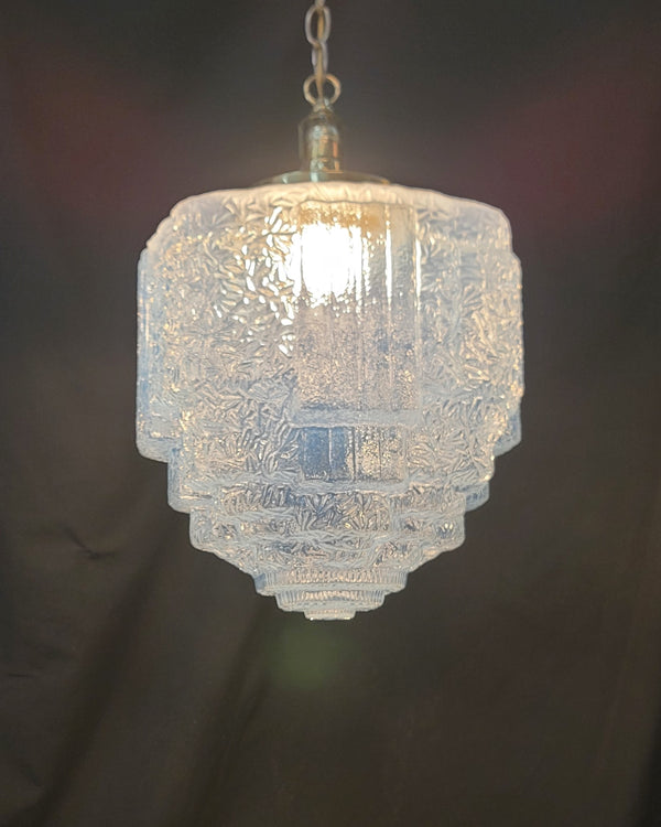Restored Art Deco Pendant Light w/ Textured Tiered Opalescent Shade GS01023