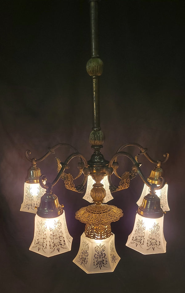 Ornate 6 Light Victorian Chandelier w/ Fluted Etched Shades 24" x 36" GS00997