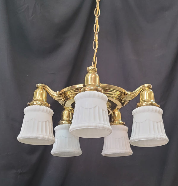 Restored 5 Light Brass Victorian Pan Chandelier w/ Textured White Shades GS01021