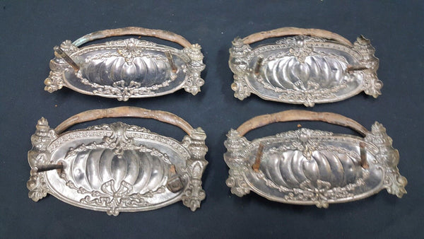 Architectural Salvage Ornate Wide Brass Embossed Design Drawer Pulls Set of 4