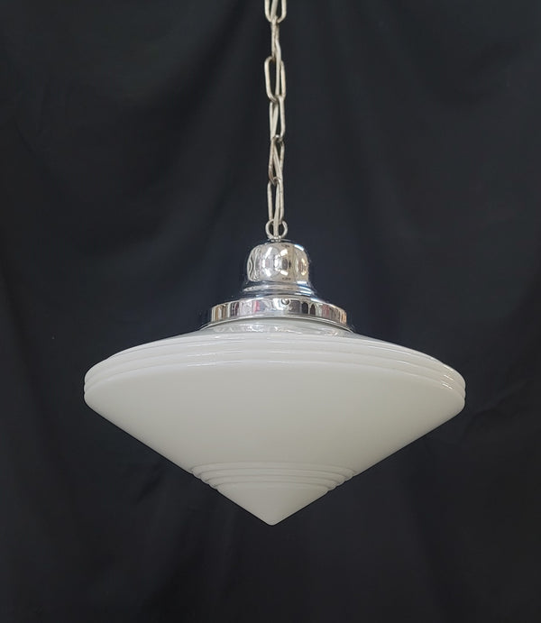 Restored Art Deco Pendant Light w/ Bullseye Point Shade & Chrome Trim GS01031