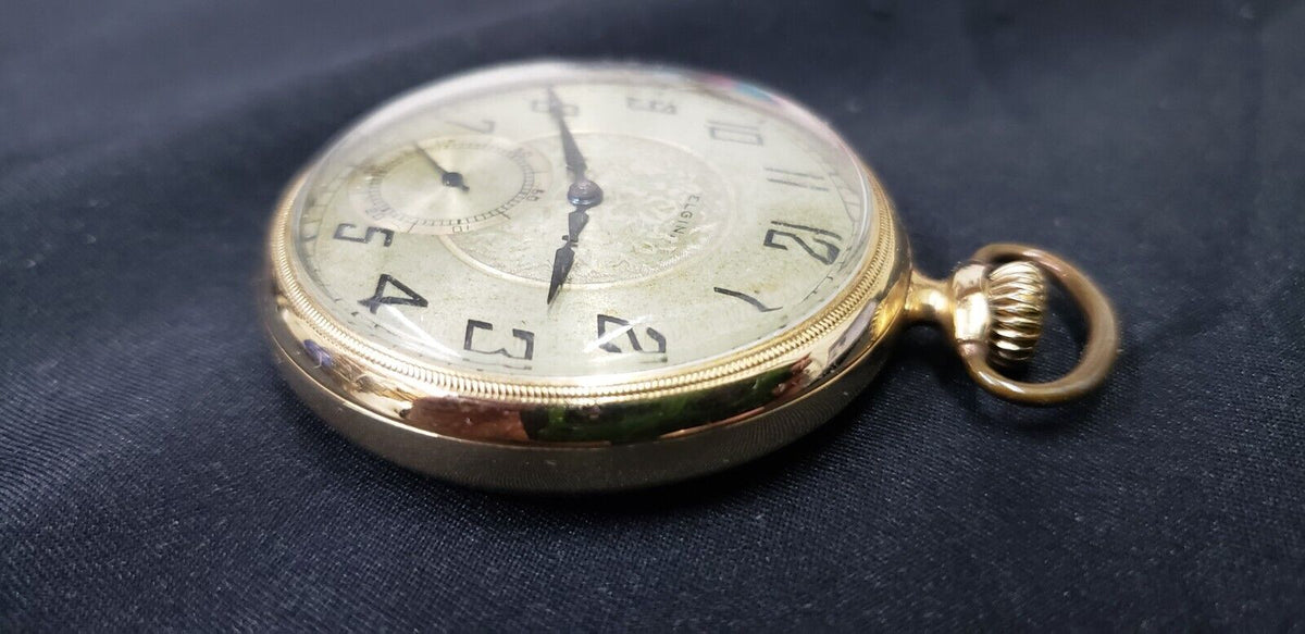 1929 Elgin 10K Gold Filled 7 Ruby Jewel Pocket Watch with 2 Tone Champ ...