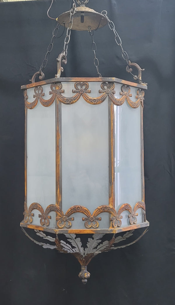 Large Octagon Shaped 4 Light Iron & Glass Chandelier 44" T x 19 1/2" W GS00951