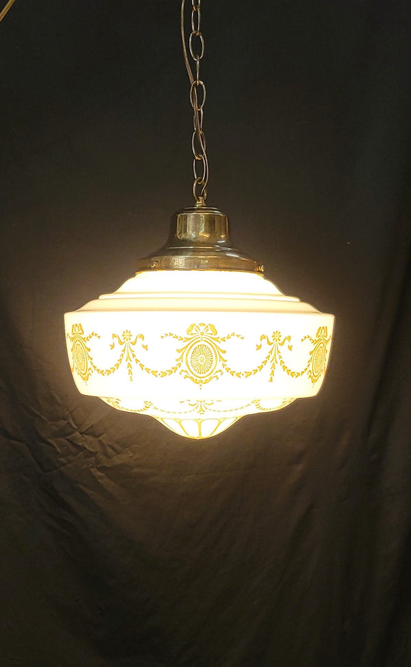 Vintage White Schoolhouse Pendant Light w/Brass Bell Shaped Fitter GS00645