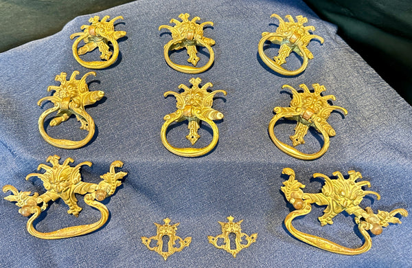 Set of 10 Antique Brass Drawer Pulls + 2 Keyholes GA20405