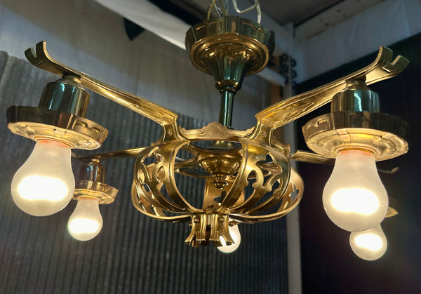 Antique Art Nouveau Style Brass 5-Light Chandelier - 20" W x 13" T - GA21031