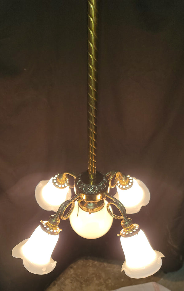 5 Light Ornate Brass Chandelier w/ White Striped Shades 25" x 36" GS00983