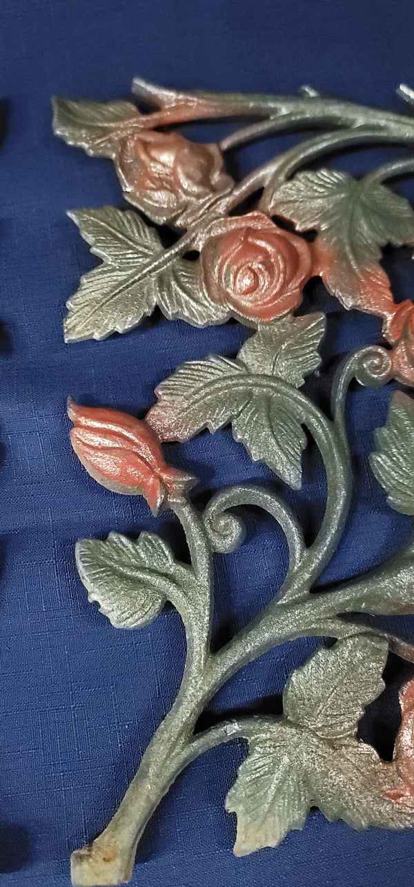 2 Ornate Cast Iron Rose & Leaf Pattern Decorative Panels Painted GS00916
