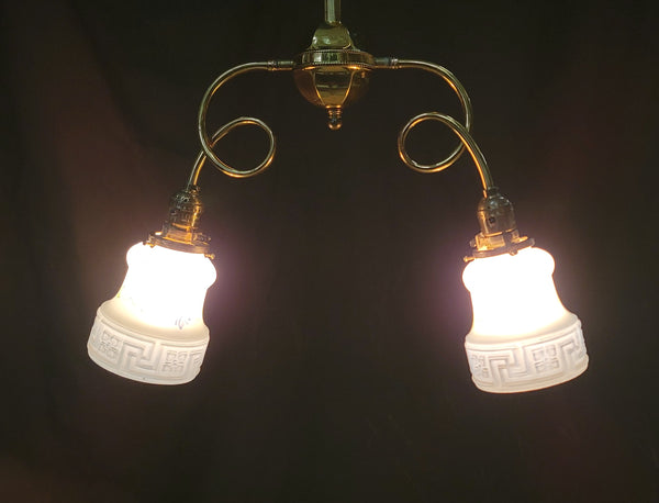 Restored Victorian 2 Light Brass Chandelier w/ Shades 19 1/2" x 45" GS00994