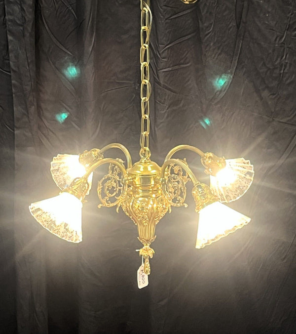 Ornate 4 Light Brass Chandelier with Pleated Etched Shades GA10208