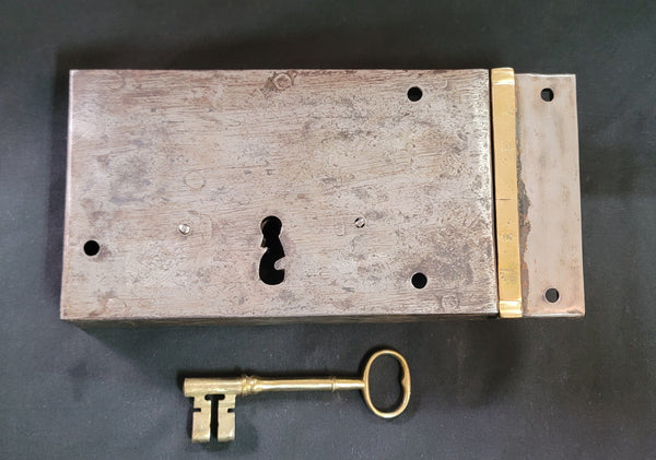 Restored Right Side Rim Lock Set w/ Keeper & Key 7 1/8" wide x 4 3/8" GS00989