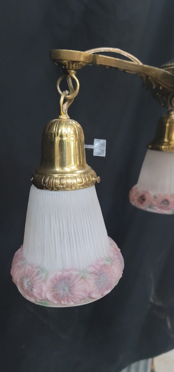 Restored Victorian 4 Light Brass Pan Chandelier w/ Shades 18" x 20" GS00993