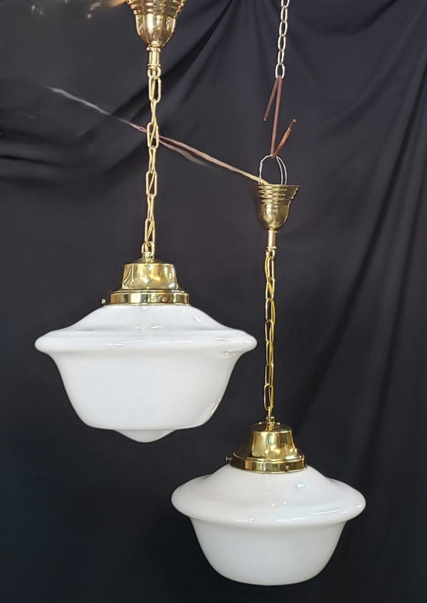 Pair of Restored Brass Pendant Lights w/ White Shades GS01080