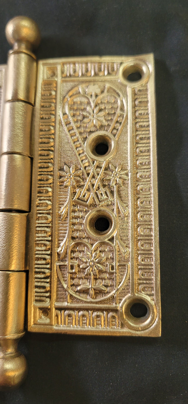Restored Victorian Ornate Solid Brass Ball Pin Hinges  4 1/2" x 4 1/2" GS01041