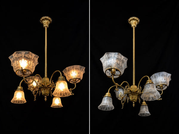 6 Light Brass Chandelier w/ Frosted Glass Shades GS010982