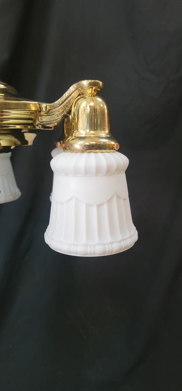 Restored 5 Light Brass Victorian Pan Chandelier w/ Textured White Shades GS01021