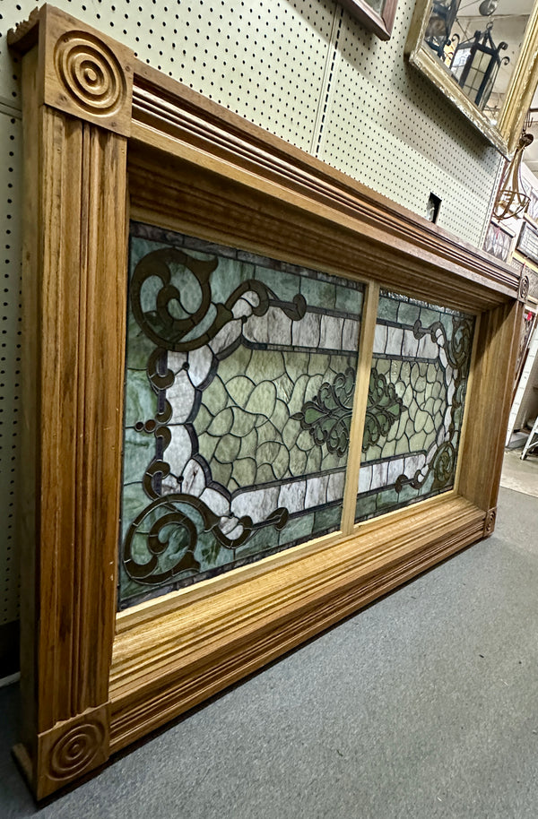 Antique Oak Framed 7+ Ft Long Stained Glass Window GA20812
