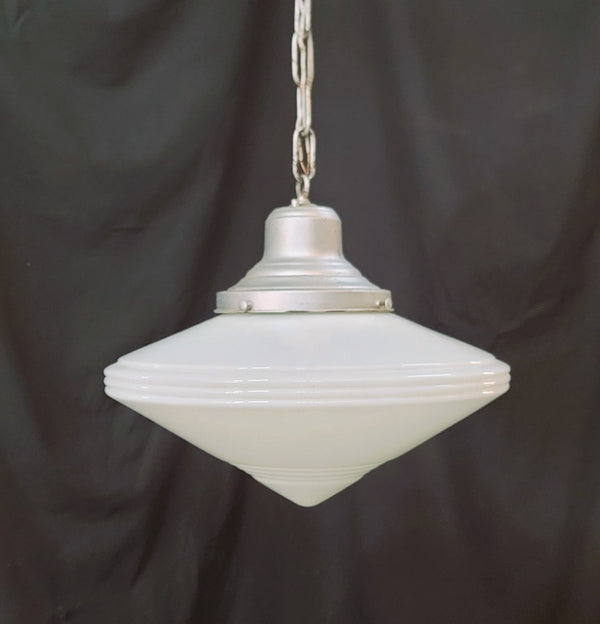 Vintage Art Deco Pendant Light w/ White Bullseye Pointed Shade GS01028