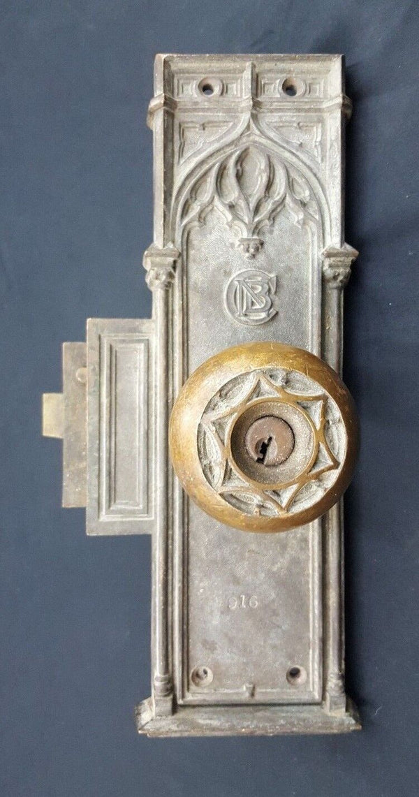Early 1900s Ornate Bronze CNB Charlotte NC Bank Door Knob & Backplate GS00812