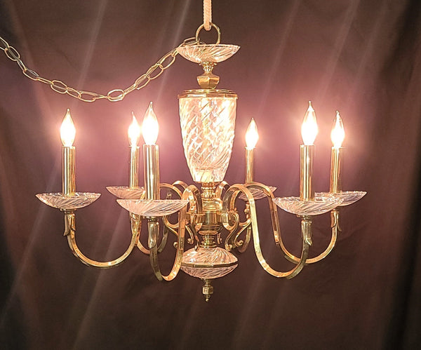 6 Light Brass Chandelier w/ Swirl Glass 21" T x 26" W GS00968