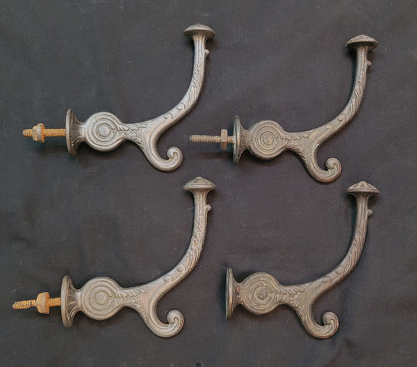 Set of 4 Cast Iron Art Deco Hall Tree Hooks w/ Bullseyes 4 1/2" x 4 3/4" GS00622
