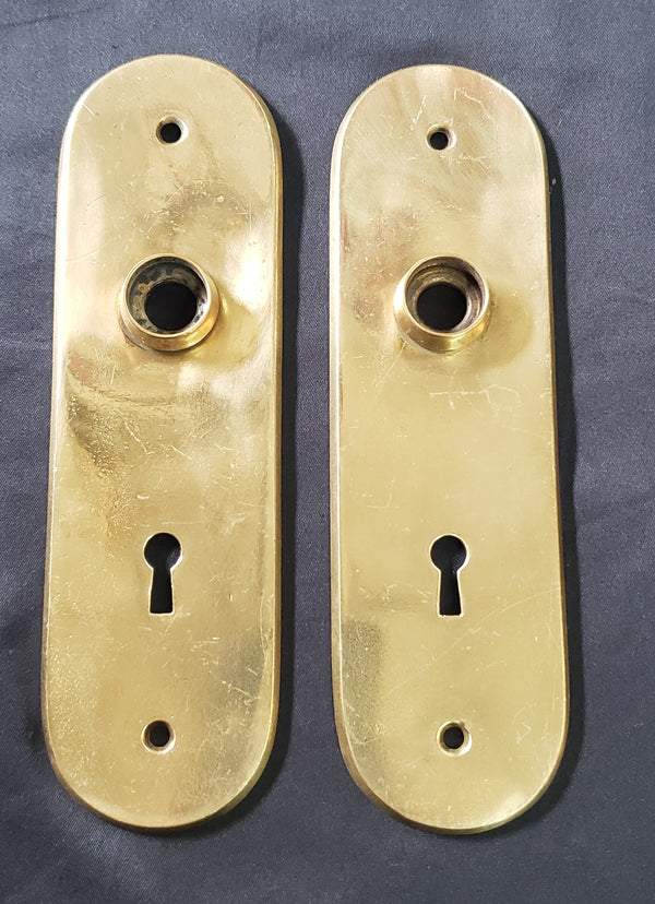 Restored Solid Brass Oval Doorknob Backplates w/ Keyholes 7 1/4" x 2 1/8 GA279