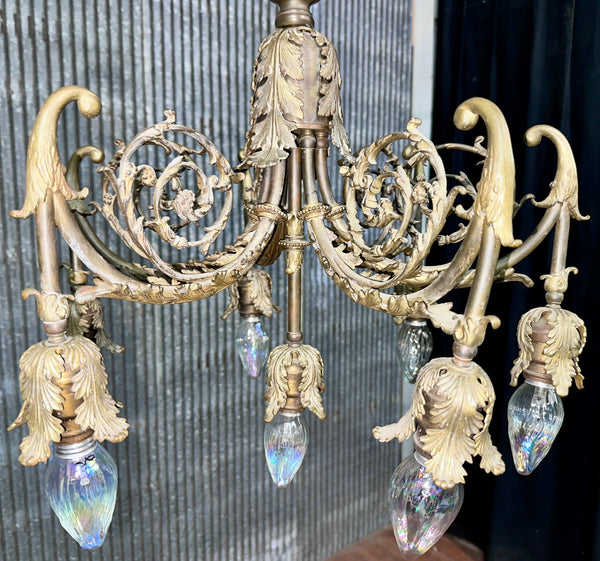 Antique Art Nouveau Brass 6-Light Chandelier - 23" T x 21" W - GA21032