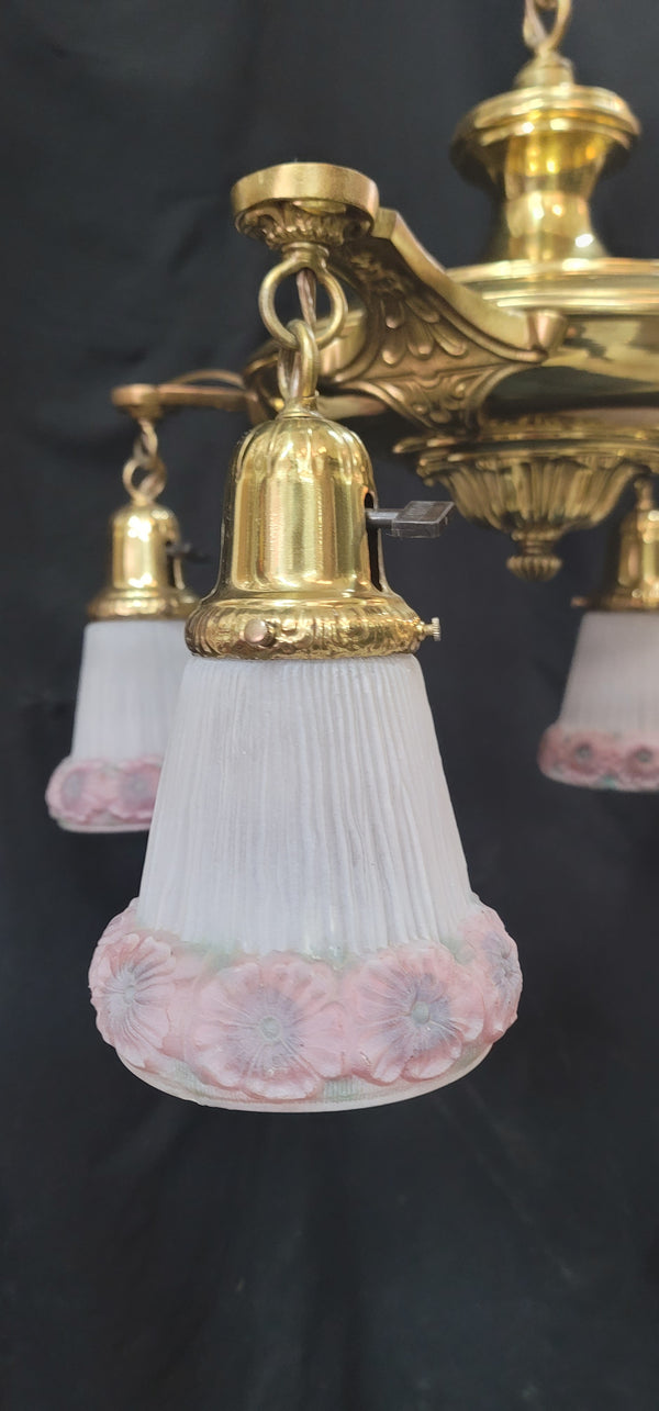 Restored Victorian 4 Light Brass Pan Chandelier w/ Shades 18" x 20" GS00993